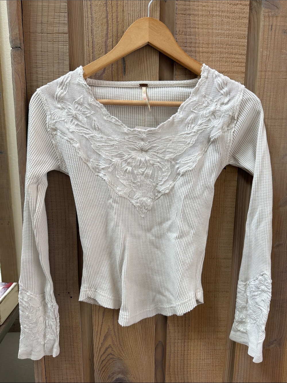 Free People Cream Thermal Long Sleeve Top with Floral Lace V-Neck